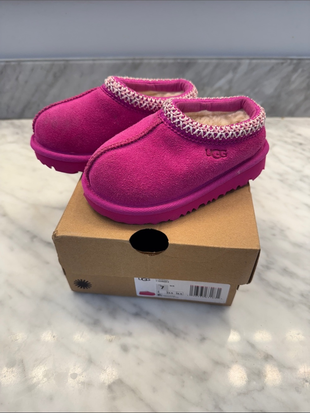 UGG Kids Hot Pink Suede Slip-On Shearling Slippers